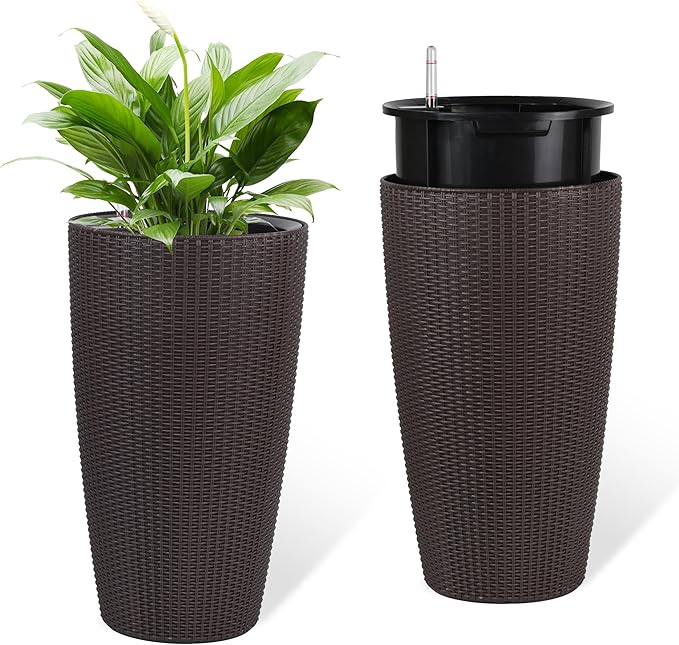 22" Tall Planter Set of 2, Large Self Watering Pots for Indoor/Outdoor Plants with Drain Holes, Water Level Monitor, Inner Bucket for Front Porch Patio, Brown Rattan Conical