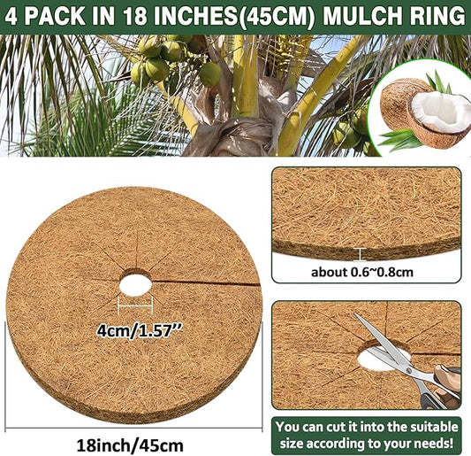 ZeeDix 4 Pack Coconut Fiber Mulch Ring, 18 Inch Coco Coir Tree Ring Mulch Mat, 100% Natural Tree Protector Mat Plant Cover Ring Coconut Coir Discs Tree Mats Mulch Rings for Indoor Outdoor Trees Plants