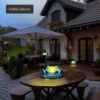 GIGALUMI Solar Light Outdoor Garden Decor, Lotus Flower Light Crackle Globe Glass Lantern Outdoor Table Decor Waterproof for Patio, Lawn, Pathway, Pool, Pond, Christmas Gift (Blue Petal)