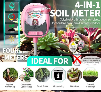 HSLGOVE 4-in-1 Soil Test Kit – Soil Moisture Meter, pH, Fertility & Sun-Light, No Battery Required, Large Dial Soil Tester for Indoor & Outdoor Gardening, Lawn, Farm – MilkPink