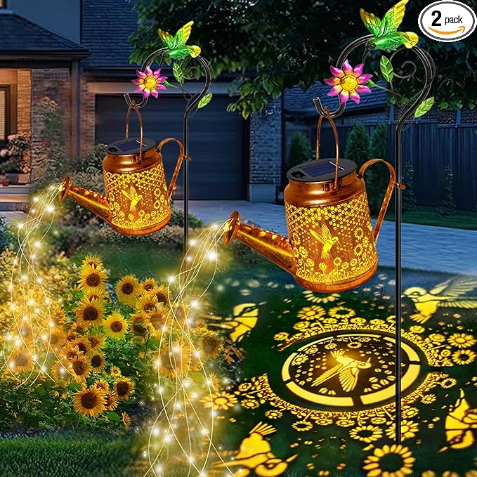 Solar Watering Can Lights, Hummingbird Hanging Lanterns Outdoor, Gardening Gifts for Mom Women Grandma Birthday, Waterproof Solar Lights Garden Decor for Outside Yard Art Patio Porch Lawn Backyard