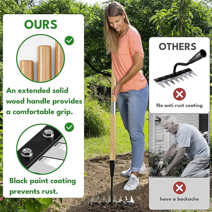 Iron Weeding Rake with Handle 2.0, 2025 Upgraded 8 Teeths Garden Weed Puller Tool Heavy Duty Gardening Tool for Lawn, Flower Beds & Soil Aeration