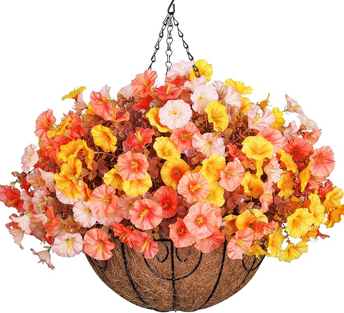 Artificial Fake Hanging Flowers with Basket for Fall Decoration, 12 Bundles Faux Silk Morning Glory Plants for Outdoor Planters, Realistic UV Resistant Artificial Flowers for Outside Porch Garden