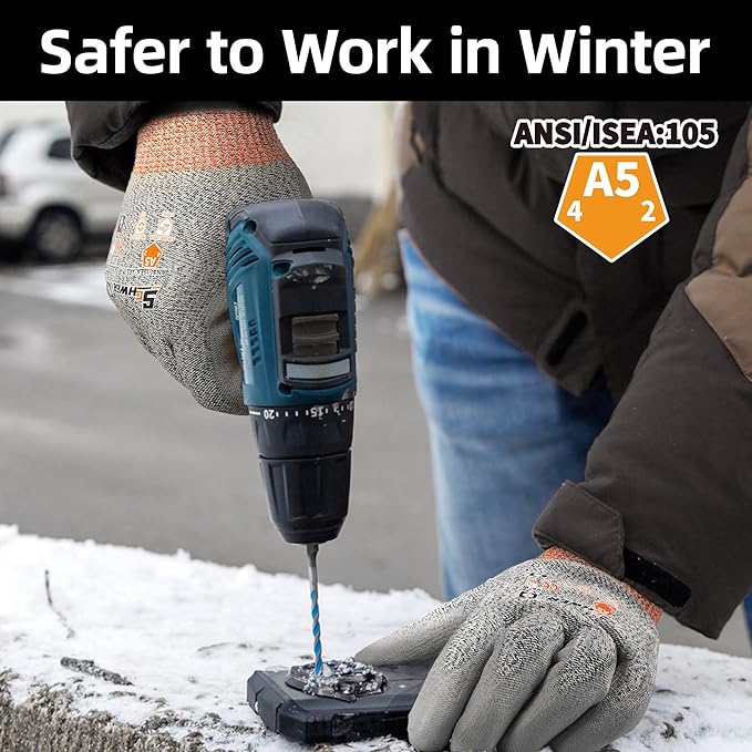 Schwer 12 Pairs Winter Work Gloves, ANSI A5 Cut Resistant Gloves with PU Coating, Freezer Glove for Outdoor Cold Weather, Thermal Insulated, Non Slip, Durable, XL, CR3088-W