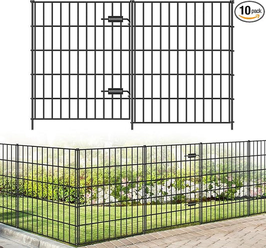 Metal Garden Fence with Gate 33.3in (H) x 23.3ft (L), 1 Gate + 9 Panels Dog Fence Border Fence Animal Barrier, No Dig Garden Fencing for Yard Flower Bed Lawn Patio Outdoor, PIN332810G Black