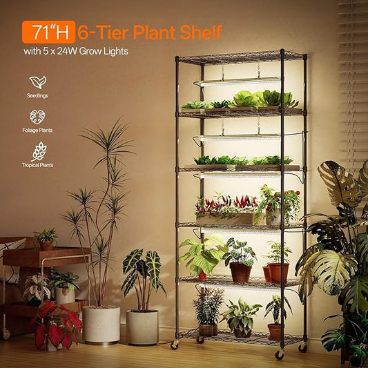 Bstrip Plant Shelf with Grow Light, Metal Plant Stand with Adjustable Rack and Wheels, 5 Pack 24W Full Spectrum Grow Light Strip for Indoor Plants, Seed Starting, Seed Tray, 29.5"x13.8"x71"