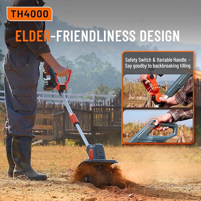 Cordless Tiller for Gardening 360 RPM Rototiller TH4000 Cultivator TaskStar Electric Garden Tiller Battery Powered Total 4000mAh,48 Heavy-Duty Steel Tines for Smooth Ground