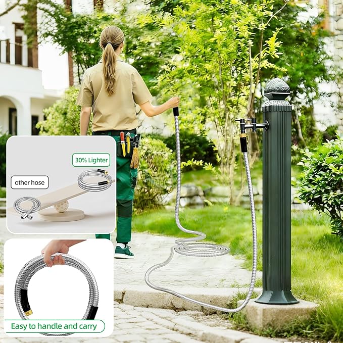 SPECILITE 15FT Short Garden Hose, 1/2" 304 Stainless Steel Leader Hose with Female to Female Brass Fittings, Flexible, Heavy-Duty & Never Kink, Water Pipe for Yard, Outdoor, Lawn