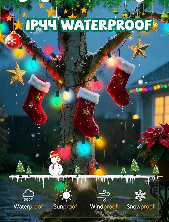 25Ft Multicolor Christmas Lights Outdoor, C9 7W Vintage Ceramic Christmas String Lights with 26 Colorful Bulbs, Hanging Patio Lights for Porch Roofline Christmas Tree Garden Pathway Indoor Decor