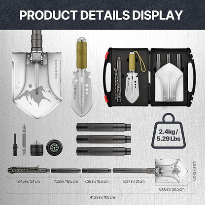 Camping Shovel Survival Kit, 2.0 Version One-Click Conversion Military Grade Multifunctional Folding Tactical Shovel with Titanium Backpacing Trowel for Camping, Emergency, Gardening, Hiking