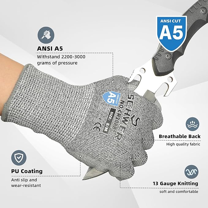 Schwer 12 Pairs ANSI A5 Cut Resistant Work Gloves, Cut Proof Gloves with PU Coating, Used for Metal Fabrication, WoodWorking, Construction, Non Slip, Durable, XL, CR3088