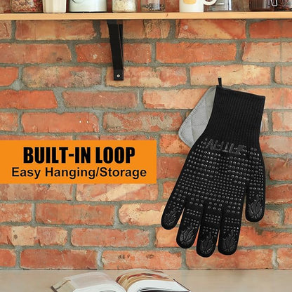 BBQ Gloves, Oven Gloves, 1472°F Extreme Heat Resistant Barbecue Gloves, Silicone Non-Slip Oven Mitts, Kitchen Gloves for Cooking, Grilling, and Baking (Black)