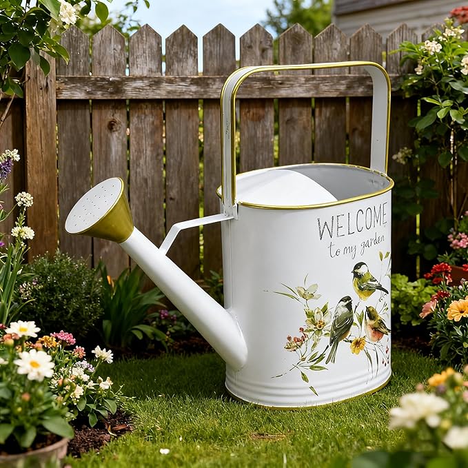Vintage Decorative Metal Watering Can - Welcome to My Garden with Charming Bird & Floral Design, Rustic Farmhouse Watering Pot Planter for Indoor/Outdoor Plant Care