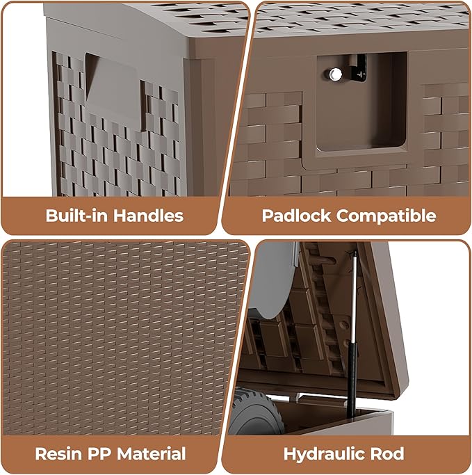 73 gal Brown Resin Deck Box, Outdoor Storage Box Waterproof Lockable, Patio Deck Box For Package Delivery, Outside Storage Box Container for Furniture Cushions, Garden Tools, Pool Accessories