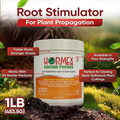Hormex Rooting Powder #3 (0.30 IBA) - Fast-Acting Rooting Hormone for Common Home & Garden Cuttings - Root Stimulator for Plant Cloning - Strong Growth for Maximum Propagation Success, 1LB