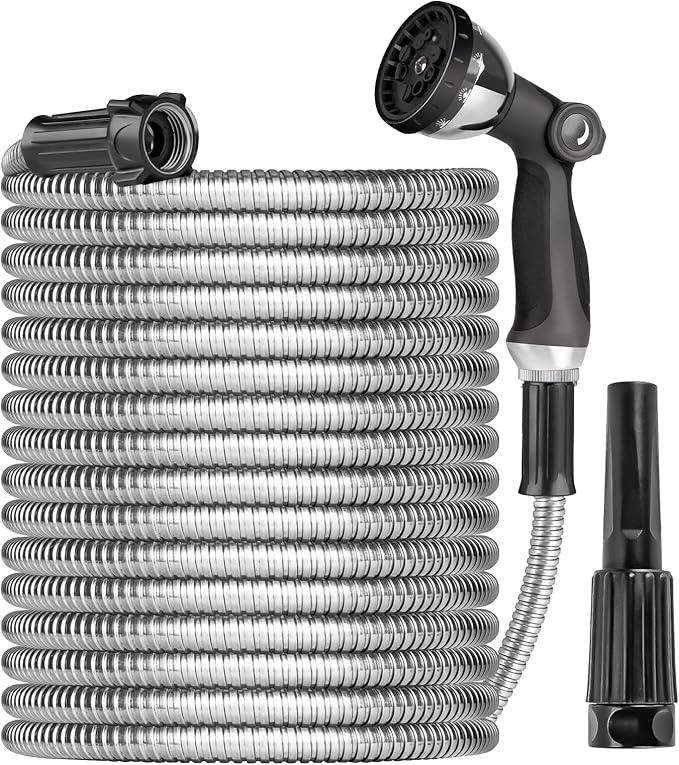 Metal Garden Hose Water Hose 100ft Heavy Duty Stainless Steel Water Pipe with Sprayer & Nozzle Flexible Lightweight Hose No Kink Pet Proof Hose for Yard, Outdoors, Rv