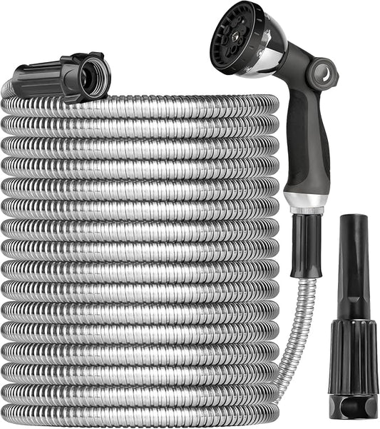 Metal Garden Hose Water Hose 100ft Heavy Duty Stainless Steel Water Pipe with Sprayer & Nozzle Flexible Lightweight Hose No Kink Pet Proof Hose for Yard, Outdoors, Rv