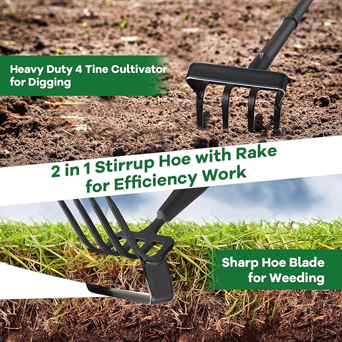 Garden Hoe, 62 Inch Weed Tool, Long Soil Tiller Cultivator, Heavy Duty Metal Stirrup Hoe Weeder Scraper Rake for Flower Beds, Patio, Garden Loosening Soil Weeding Digging