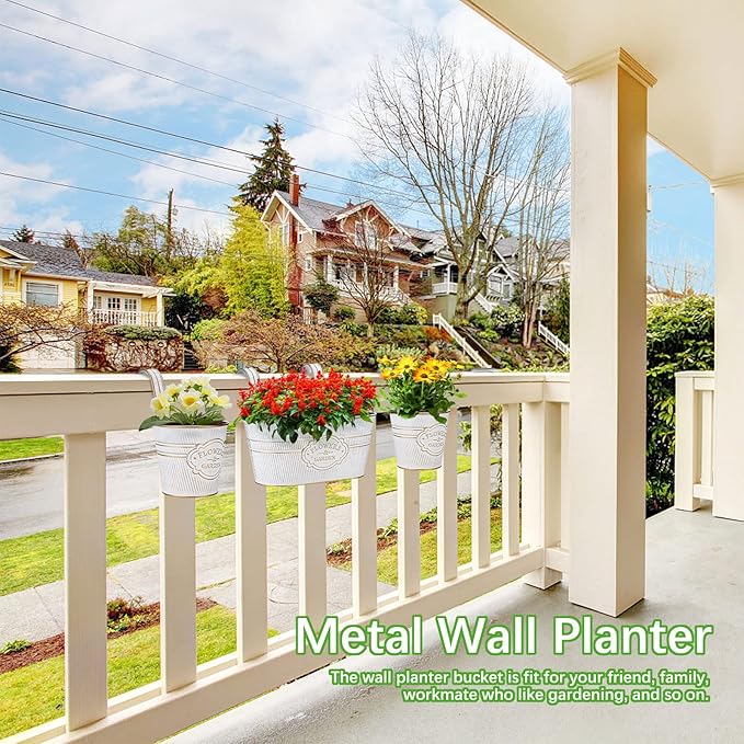 PerGar Vintage Metal Iron Wall Hanging Flower Pots, Rustic Planter Bucket Herb Flower Plant Holder with Detachable Hooks & Drainage Hole for Railing Fence Balcony Deck Garden Home Decoration, Set of 3