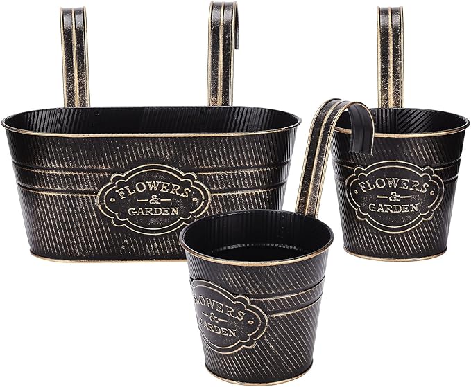 PerGar Vintage Metal Iron Wall Hanging Flower Pots, Rustic Planter Bucket Herb Flower Plant Holder with Detachable Hooks & Drainage Hole for Railing Fence Balcony Deck Garden Home Decoration, Set of 3