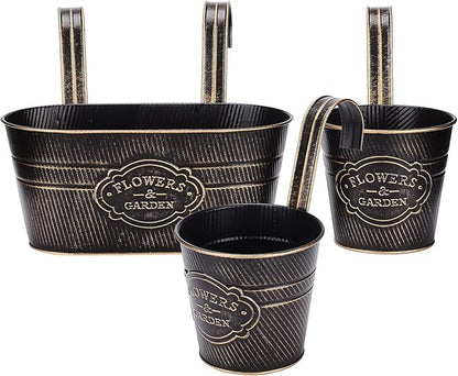 PerGar Vintage Metal Iron Wall Hanging Flower Pots, Rustic Planter Bucket Herb Flower Plant Holder with Detachable Hooks & Drainage Hole for Railing Fence Balcony Deck Garden Home Decoration, Set of 3