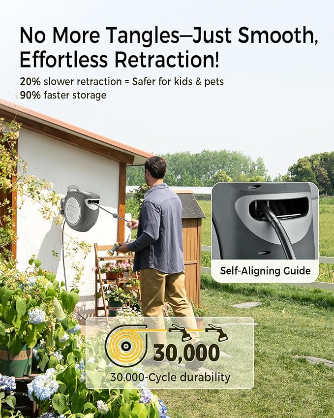 GLAHODEN Retractable Garden Hose Reel 1/2 in x 100 ft Upgraded UV Resistant Heavy Duty Automatic Hose Reel Wall Mount 3/4 in Brass Fitting 9 Pattern Nozzle Any Length Lock Slow Retraction 180° Swivel