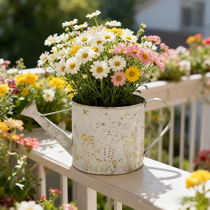 Vintage Metal Watering Can with Floral Embossed Design Garden Distressed White Decorative Watering Pot Planter Rustic Farmhouse Waterer for Home Indoor Outdoor Garden Balcony Courtyard (White#2)