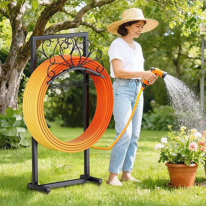 Garden Hose Holder, Heavy-Duty Metal Water Hose Holder with Detachable Storage Basket, Freestanding Hose Stand & Organizer for Outside Yard Lawn, Rust-Resistant Hose Rack for Easy Hose Storage