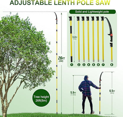Manual Pole Saw,6.5-20 ft Extendable Pole with Double Lock Design to Reach up 26 ft for High Branches Trimming,SK5 Sharp Three-Sided Sharpened Edges Blade for Pruning Wild Palm Shrub and Tree