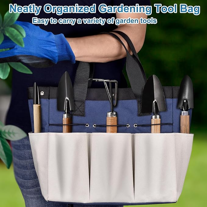 Garden Tool Bag Organizer, Heavy Duty Gardening Tote Bag with 7 Pockets and Zippers Pockets, Garden Home Tool Kits Organizer, (Tools are not included), Gray