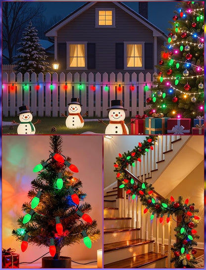 SUNSGNE C9 Red and Green Christmas Lights, 25FT Glass Ceramics Christmas Tree Lights with 26 7W Red White Glass Bulbs(1 Spare) for Backyard Patio Balcony Xmas Decor, Green Wire