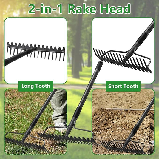 77 inch Bow Rake,2-in-1 17 Tooth Rake for Leaves Portable and Adjustable for Gardening Leaves Loosening Soil Leveling Lawn Farming Land Management Yard