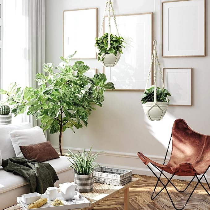 FGSAEOR Macrame Plant Holder Basket, Hanging 3-15 inch Pot, Bearing 20lb Planters, 35 Inches Extra Long Strong Boho Home Indoor Outdoor Décor (2-Pack) (Ivory)