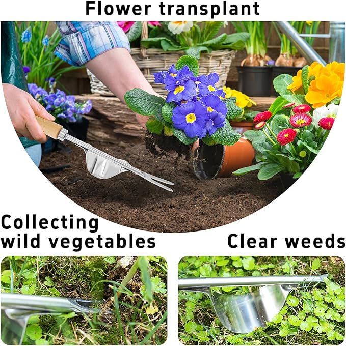 Garden Weeding Tool, V-Shaped Stainless Steel Weed Puller with Ergonomic Wood Handle, Heavy Duty Manual Hand Weeder Fork for Lawn, Farmland & Patio, Deep Root Removal Tool