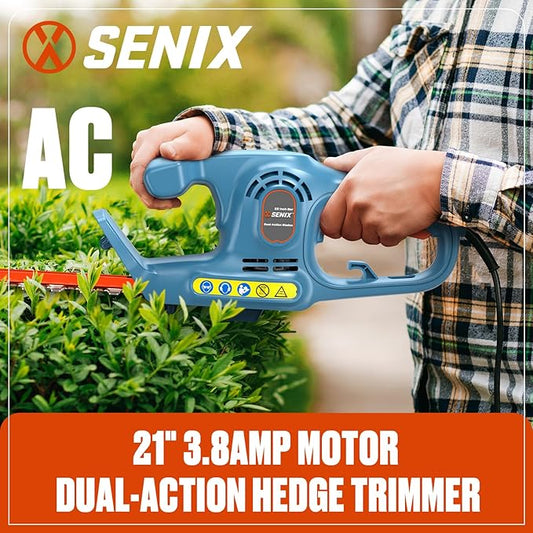 SENIX HTE3.8-L 120V 3.8 Amp 21-Inch Corded Electric Hedge Trimmer,Garden Tool to Trim Shrubs,Bushes,Double Sided Dual Action Blades,3/4" Cutting Capacity,Includes Blade Cover