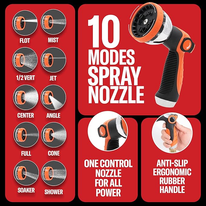 Best 100 ft Metal Garden Hose Set - No-Kink Durable 316 Stainless Steel, 10-Way Zync Spray Nozzle & Hook – Tough Flexible Heavy Duty Water Hoses, Naval Brass, Rust, Weather, LeakProof