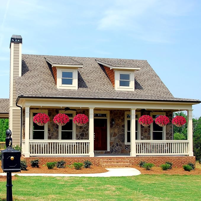 Artificial Hanging Flower Plants with Basket for Outdoor Decoration, Faux Petunias Flowers Fake Morning Glory Planter for Outside Patio Garden Porch Balcony Yard Decor(Rose Red)