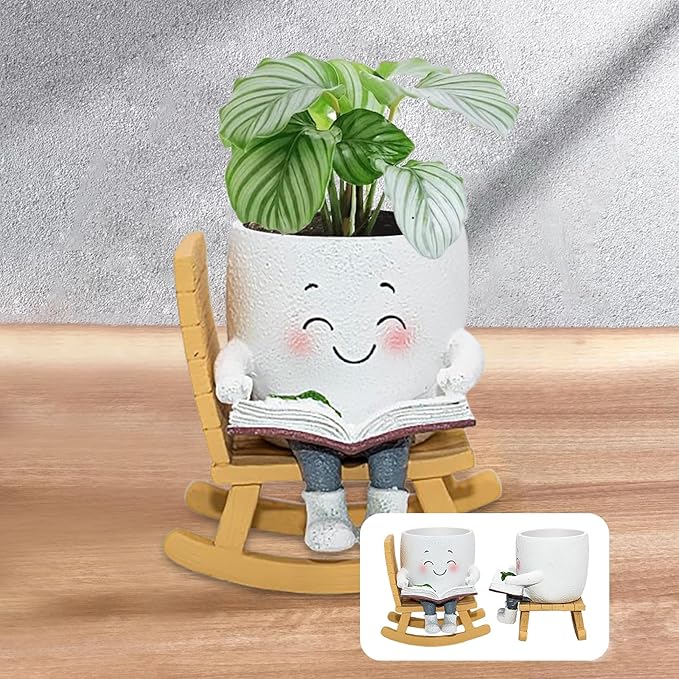Smily Face Rocking Chair Reading Book Planter Pots, Cute Resin Flower Head Succulent Planters for Indoor Plants, Gift IdeaI for Mother Christmas Birthday with Drainage Hole