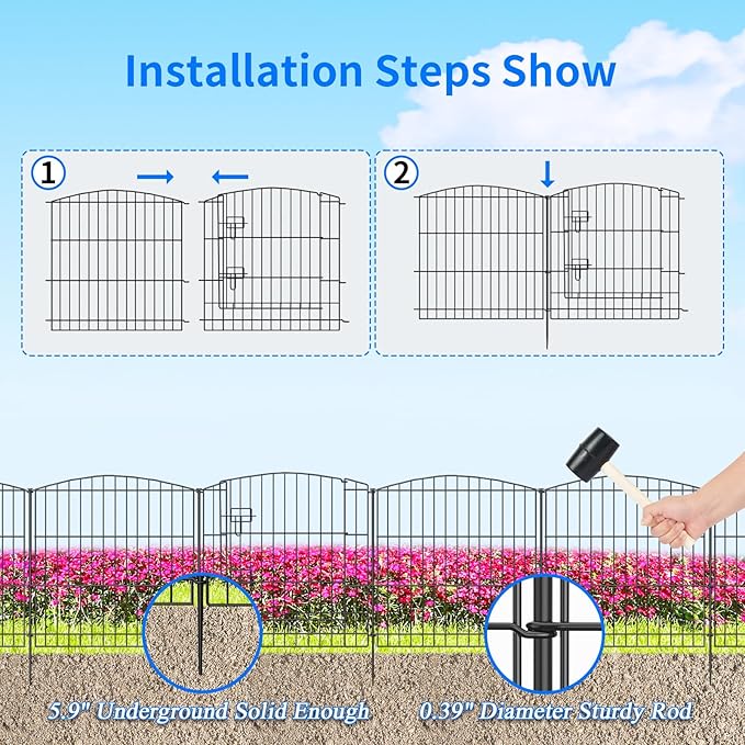 INJOPEXI Decorative Garden Fence 6 Panels 11.8ft (L)×24in (H) with 5 Panels 1 Gate Rustproof Wire No Dig Animal Barrier Fencing for Outdoor Backyard Black