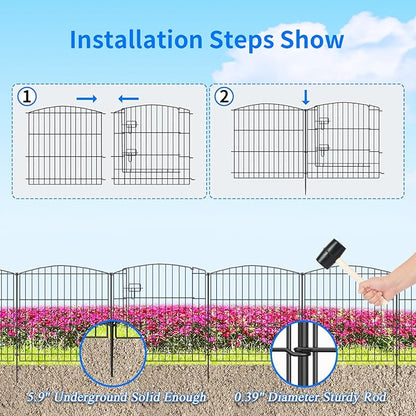INJOPEXI Decorative Garden Fence 6 Panels 11.8ft (L)×24in (H) with 5 Panels 1 Gate Rustproof Wire No Dig Animal Barrier Fencing for Outdoor Backyard Black