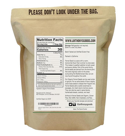 Anthony's Organic Fennel Seeds, 1.5 lb, Whole Seeds, Non-Irradiated, Gluten-Free, Non-GMO