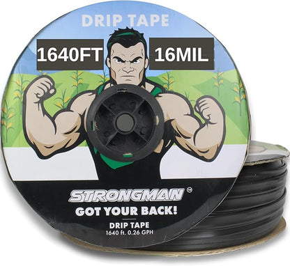 Strongman Premium Drip Irrigation | 1640 ft 5/8" Tape Roll | Smart Regulator | Garden Drip Watering System for Plants, Lawn, Greenhouse | 0.26 GPH | 0.4mm Thickness