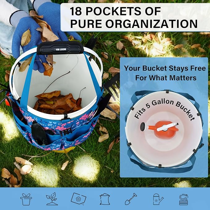 KUNN Bucket Organizer 5 Gallon 18-Pocket Tool Bucket Bag with 6 Hooks, Gardening Tool Holder Caddy for Gardeners, Outdoor Yard Work, Soil Plant Flower Gardening Accessories with Grip Pad, Blue