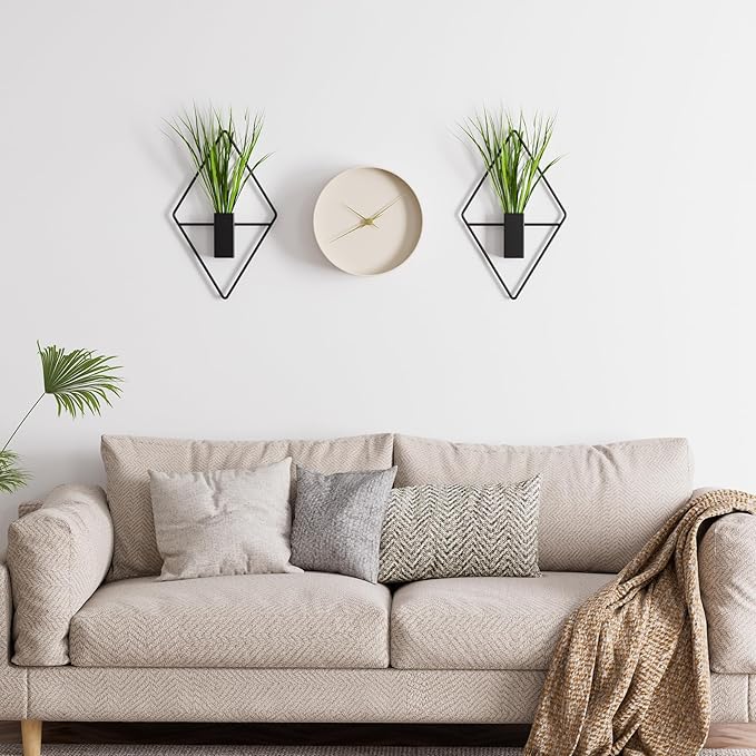 Cute Set of 2 Small Wall Hanging Planters, 10x5 Inch Mini Geometric Wall Vase with Artificial Plants, Compact Boho Farmhouse Decor for Bathroom, Living Room, Bedroom, Office (Black)