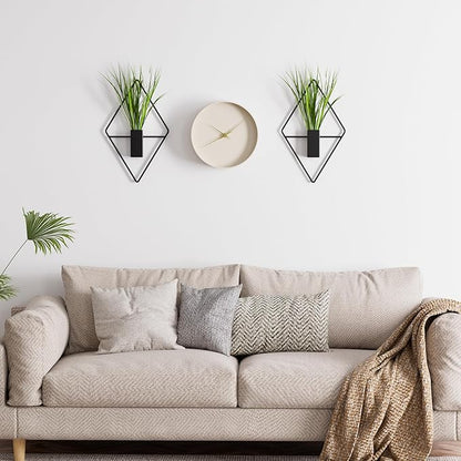 Cute Set of 2 Small Wall Hanging Planters, 10x5 Inch Mini Geometric Wall Vase with Artificial Plants, Compact Boho Farmhouse Decor for Bathroom, Living Room, Bedroom, Office (Black)