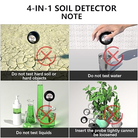 4-in-1 Soil Tester, Soil Moisture Meter/Soil PH Meter/Sun-Light/Fertility, Moisture Meter for Plants Gardening, Lawn, Farm (No Battery Required)