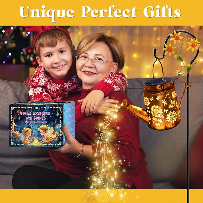 Solar Watering Can with Lights, Birthday Gifts for Christmas Mom Women, Outdoor Garden Decor Sunflower Solar Garden Lights for Outdoor Pathway Yard Lawn Patio Party, Waterproof Gardening Decorations