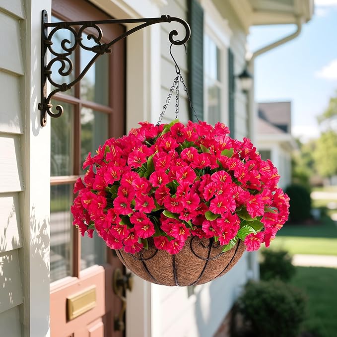 Artificial Hanging Flower Plants with Basket for Outdoor Decoration, Faux Petunias Flowers Fake Morning Glory Planter for Outside Patio Garden Porch Balcony Yard Decor(Rose Red)