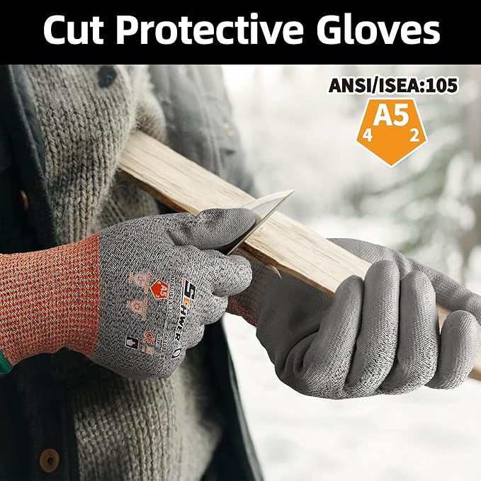 Schwer 12 Pairs Winter Work Gloves, ANSI A5 Cut Resistant Gloves with PU Coating, Freezer Glove for Outdoor Cold Weather, Thermal Insulated, Non Slip, Durable, L, CR3088-W