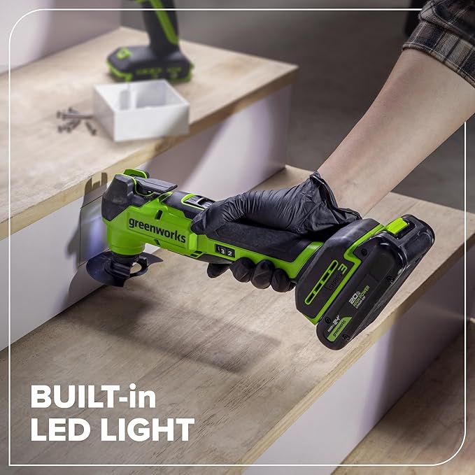 GREENWORKS 24V (5-TOOL) Combo (Drill + Impact Driver + Circular Saw + Multi-Tool + Flashlight), 4.0Ah + 2.0Ah (24,000mAh Power Bank) Batteries, (2) Cables, 65W Rapid Charger
